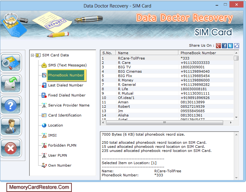 Sim Card Data Recovery Software Screenshots to restore cell phone messages